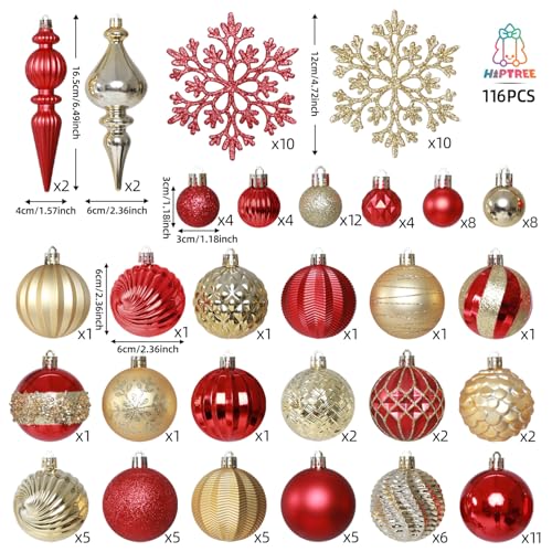 Red Gold Christmas Tree Ornaments Set - 116 Pieces, Assorted Shapes & Finishes