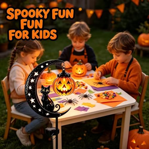 Solar Black Cat Pumpkin Moon Garden Stake Light Set - Outdoor Halloween Decor - Variation A