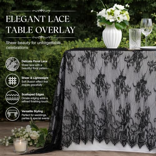Black Embroidered Lace Tablecloth 60x120 Inch - Elegant Wedding & Event Decor - Variation: Blackness