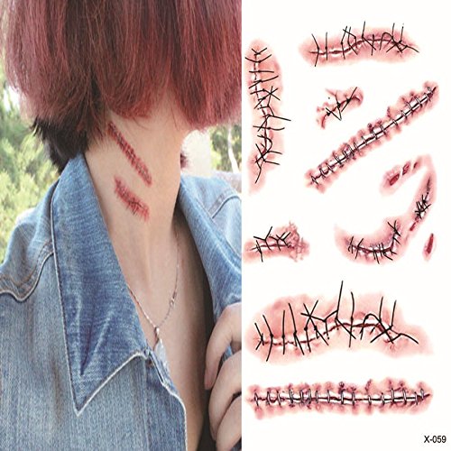 Halloween Fake Wound & Vampire Bite Tattoo Set - Waterproof 8 Sheets with Variation A (6cm x 10.5cm)