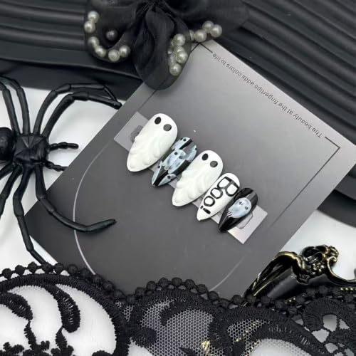 Halloween Fake Nails - Medium Almond 3D Gothic Ghost Design - Variation of THIS listing