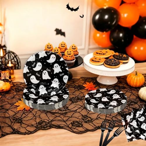 Halloween Paper Tableware Set with Ghost Design, 100 Pcs - Serves 25 - Halloween