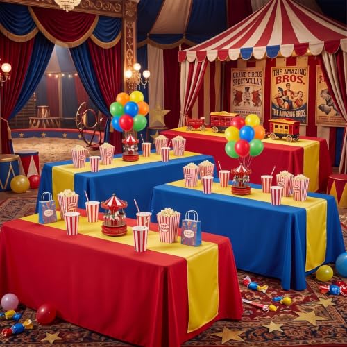 Carnival Circus Party Tablecloths Set - Red, Blue & Yellow Plastic Coverings
