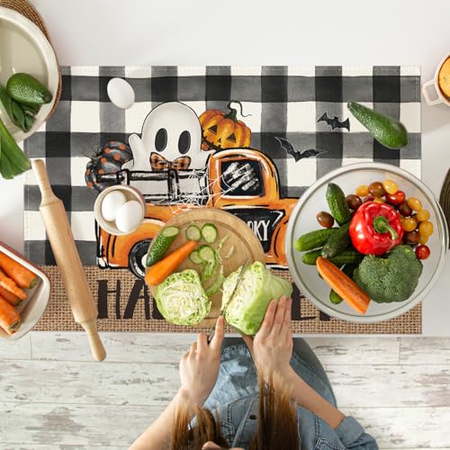 Ghost Truck Halloween Placemats - 24x36 Inch Rectangular Table Mats for Kitchen & Dining, Black & Beige