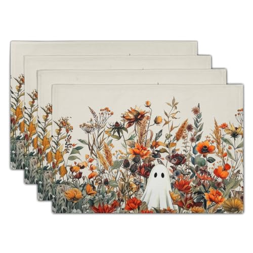Halloween Placemats Set of 4 Ghost Flower 12x18 Inches Kitchen Table Decor
