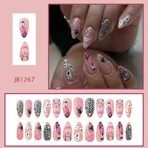Halloween Press On Nails with Clown Ghost Rhinestones & Spider Web Design - Pink & Purple, 24Pcs