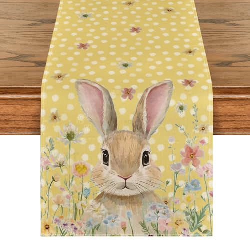 Yellow Bunny Rabbit Floral Polka Dot Easter Table Runner 13x90 Inch - Spring Kitchen Decor