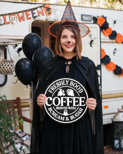 Halloween Coffee Bar Sign - Ghost Welcome Sign for Front Door, Wooden Wall Decor, Farmhouse Office Kitchen - Coffee Variation