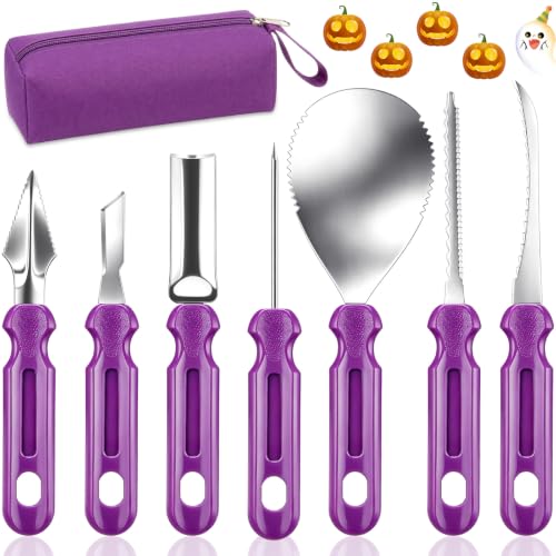 Halloween Pumpkin Carving Kit with 7 Tools & Purple Storage Bag - DIY Jack O Lantern