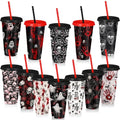 24 Pack Halloween Horror Plastic Cups with Lids & Straws - 24 oz Reusable Party Drinkware