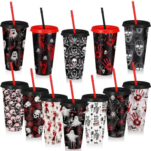 24 Pack Halloween Horror Plastic Cups with Lids & Straws - 24 oz Reusable Party Drinkware