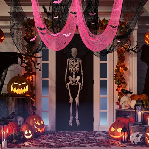 Pink Black Creepy Gauze Decor Spider Web Set with Bats for Halloween - 12 Pieces (Variation of THIS listing)