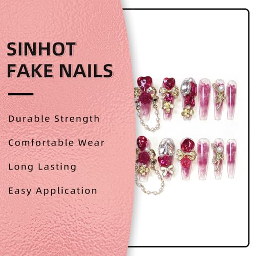 Press On Nails Long Coffin Fake Nails with Rhinestones - Pink Reusable False Nails FN078010