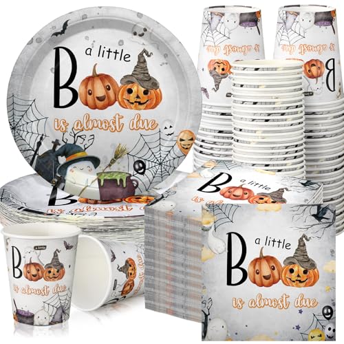 Halloween Baby Shower Party Decor 200-Piece Boo Little Boo Disposable Tableware Set - Dark