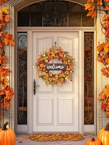 Fall Wreath for Front Door - 26 Inch Autumn Decor with Orange Daisy - Welcome Sign - Variations: Orange Daisy/Welcome Board