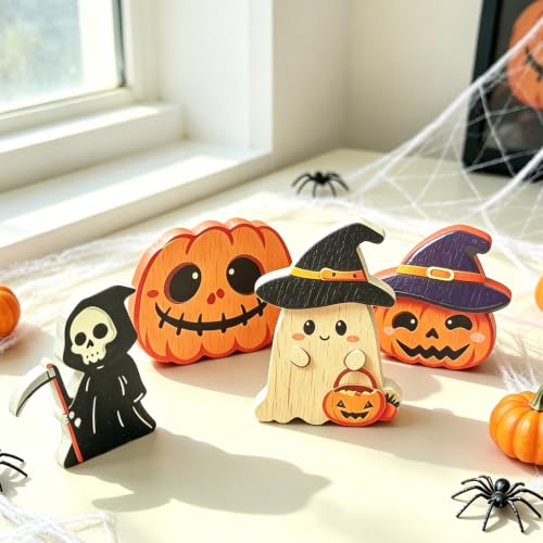 Halloween Wooden Decorations Set - Ghost Pumpkin Witch - 4 pcs, Indoor Festive Decor - Pumpkin Variation