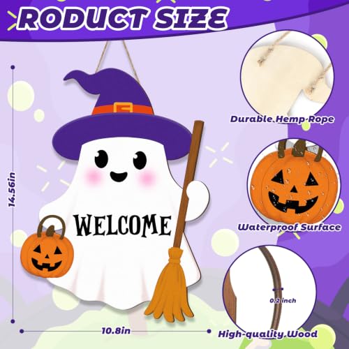 Halloween Ghost Door Wreath Hanger Sign with Welcome - White Ghost Variation