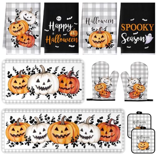 Halloween Pumpkin Kitchen Decor Set - Black & Gray, Towels, Pot Holders & Oven Mitts