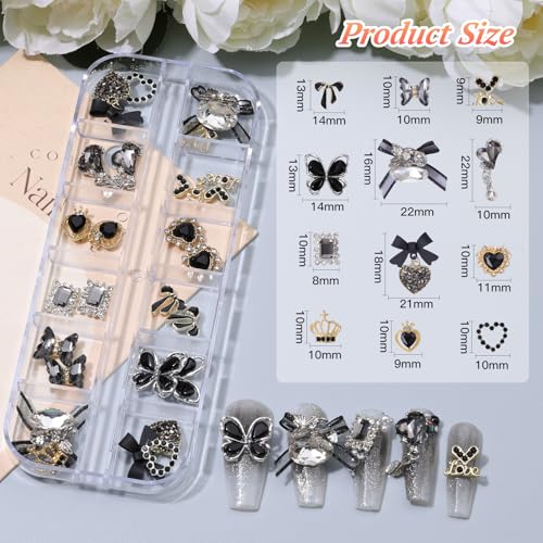 Black 3D Nail Charms Set with Tweezers & Brush - Manicure DIY Crafts