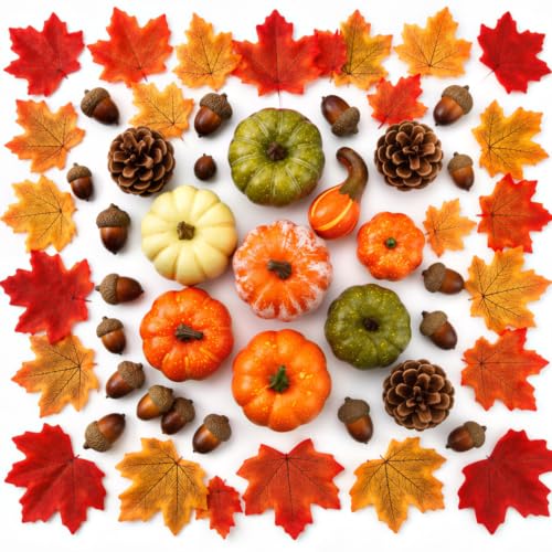Fall Decor Set with Mini Pumpkins, Maple Leaves, Pinecones & Acorns - 50 Pieces