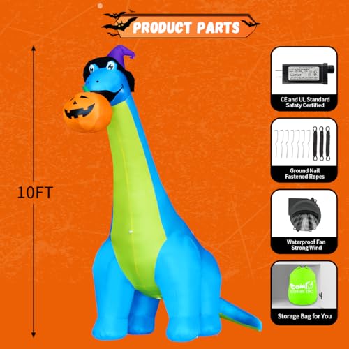 Halloween Inflatable Dinosaur Decoration - 10 FT No Shake Dino Pumpkin Yard Decor