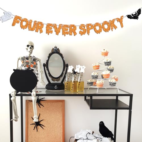 Halloween 4th Birthday Banner - Spooky Hello Boo Bat Party Decorations