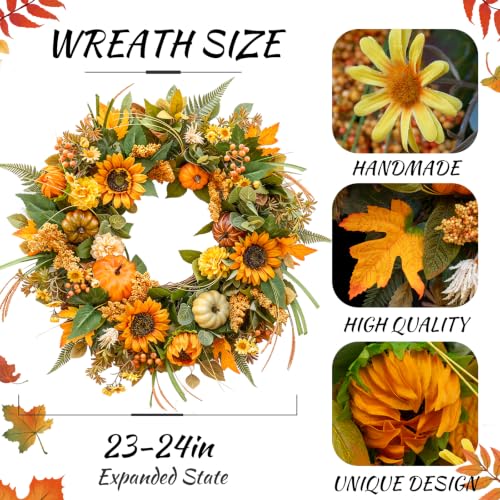 24 Inch Fall Sunflower Wreath - Autumn Door Decor with Pumpkins & Leaves