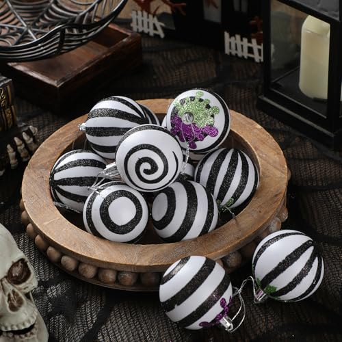 Halloween Christmas Black & White Ball Ornaments Set - Stripe Variation, 12 pcs