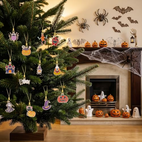 AUGSUN Halloween Mini Ornaments Set - Spooky Ghost, Bat, Skeleton, Pumpkin, Witches, Black Cat & Spider Decorations for Small Tree - Variation: Halloween