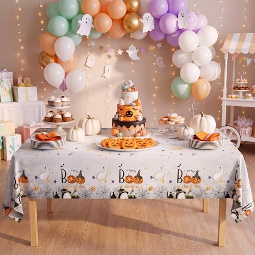Halloween Baby Shower Tablecloth Set - 3 Pc Neutral Ghost Pumpkin Design - Little Boo