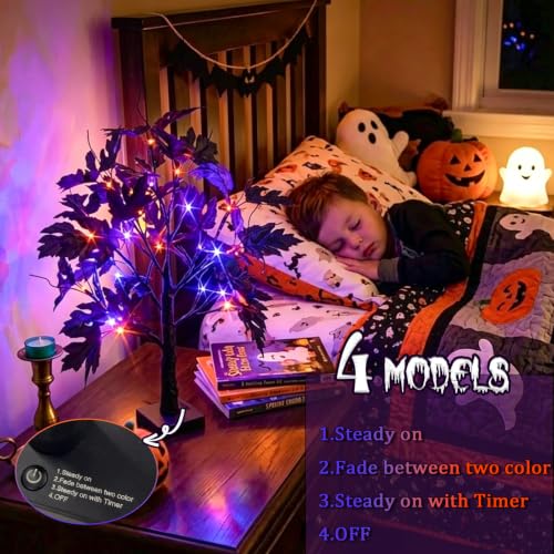 Indoor Halloween Tree Lights with Timer - 22-Inch Black Maple with Orange and Purple LEDs
