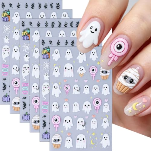 Halloween Nail Art Stickers 6 Sheets 5D Embossed Ghost & Mummy Design - 5D Colorful