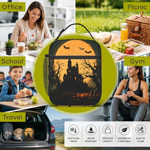 Halloween Gothic Castle Kids Lunch Bag Insulated Cooler with Shoulder Strap Waterproof