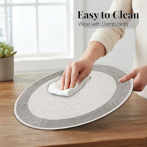 Alpha Living Home Silver White Beaded Round Placemats Set of 4 - 13 Inch Table Decor