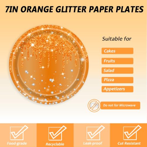 72 Pcs Orange Glitter Paper Plates Set 7in Disposable Dinnerware - Glitter / Orange Glitter
