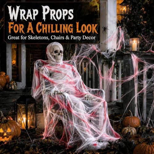 Bloody Spider Web Halloween Decorations Set - 1600 Sq Ft with 120 Spiders