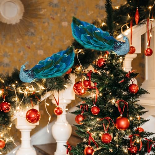 4 Pcs Christmas Peacock Ornaments Blue Feather Tail Glitter Holiday Decorations Variation of THIS listing