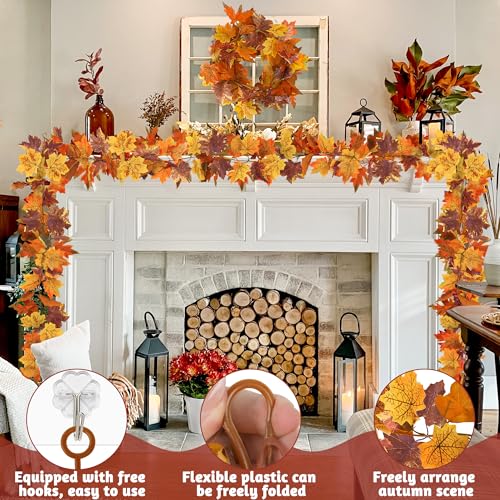 Helimoto Fall Maple Leaf Garland 4 Pack - 23.6FT Autumn Halloween Decor - Brownyellow