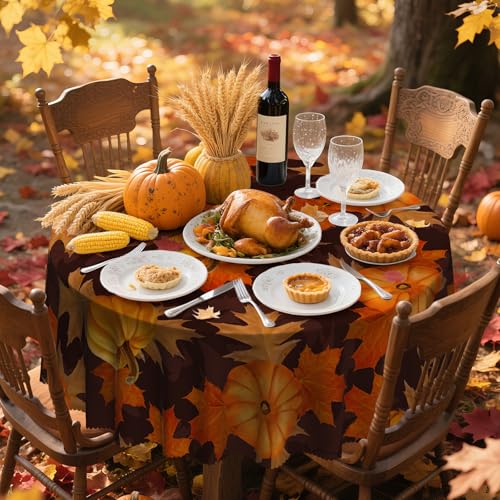 Round Tablecloth 70 Inch Pumpkin Fall Decor with Maple Leaf Pattern - Black Variation