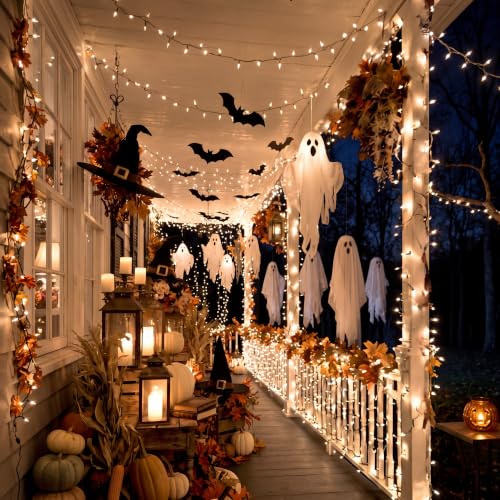 Halloween Hanging Ghosts and Bats Decoration Set with LED String Lights - Indoor Outdoor Festive Decor