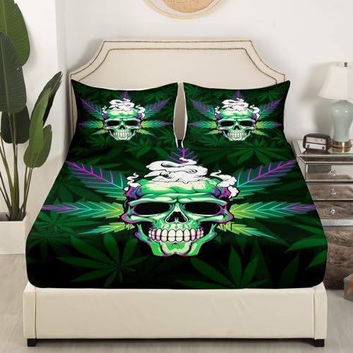 Leaves Bed Sheets Set - Green Sugar Skull Pattern Queen Size Multi 13