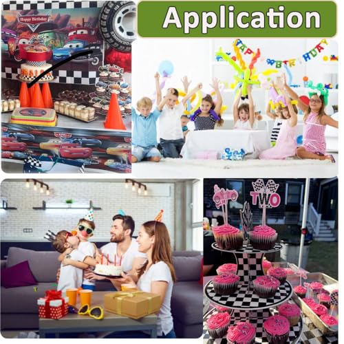 Race-Themed 2 Pack 3-Tier Cupcake Stand Checkered Flag Cardboard Tower Holder - Purple