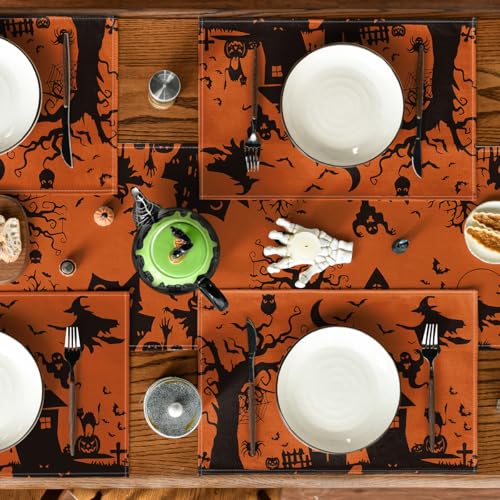 Halloween Haunted House Placemats Set of 4 - Orange Spooky Table Mats 12x18 Inch