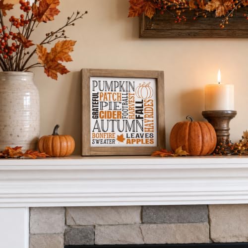 Fall Sign Autumn Wall Decor - Pumpkin, Maple Leaves, Apples, Bonfire, White - 6x6 in