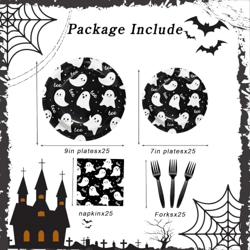Halloween Paper Tableware Set with Ghost Design, 100 Pcs - Serves 25 - Halloween