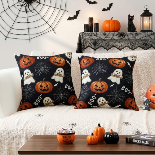 Black Halloween Ghost Throw Pillow Covers 20x20 Set of 2 - Spooky Cushion Decor