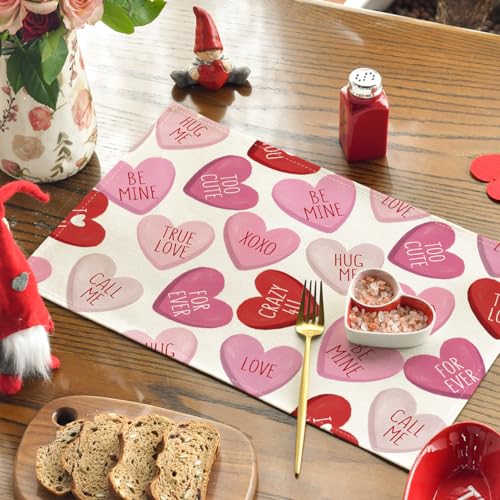 Rectangular Pink Heart Candy Valentine Placemats Set of 4 12x18 Inch Kitchen Table Decor