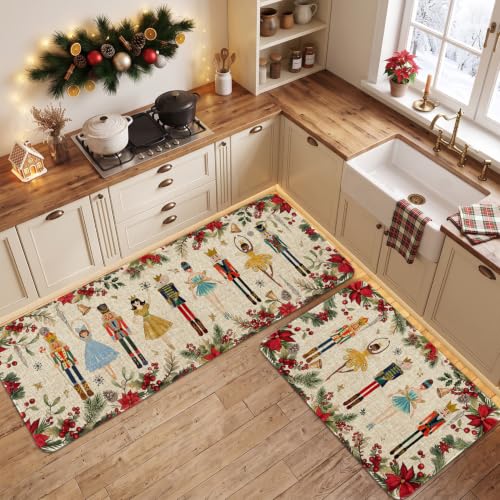 Christmas Kitchen Rugs Set with Nutcracker Red Pattern - Non-Slip Holiday Door Mat and Runner