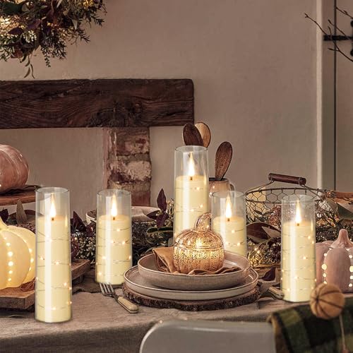 Clear Flickering Flameless Candles with Remote - 7 Pack LED Battery Operated with Timer & String Lights - Halloween & Christmas Decor