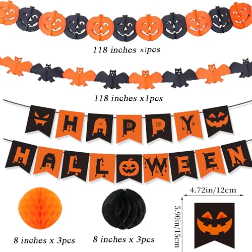 Halloween Party Decorations Banner Pumpkin Bats & Pom Poms Set - Fall Festive Decor